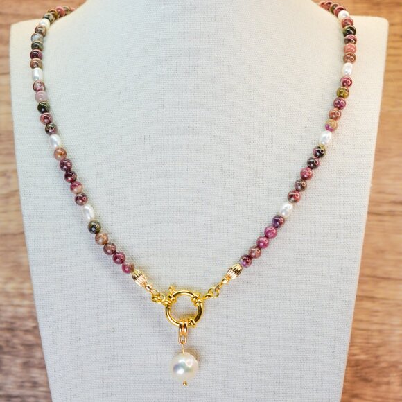 Tourmaline & Edison Pearl Pendant Necklace 20" - Picture 7 of 7